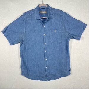 Tommy Bahama Linen Blend Short‎ Sleeve Shirt in Blue Size L Tropical Coastal